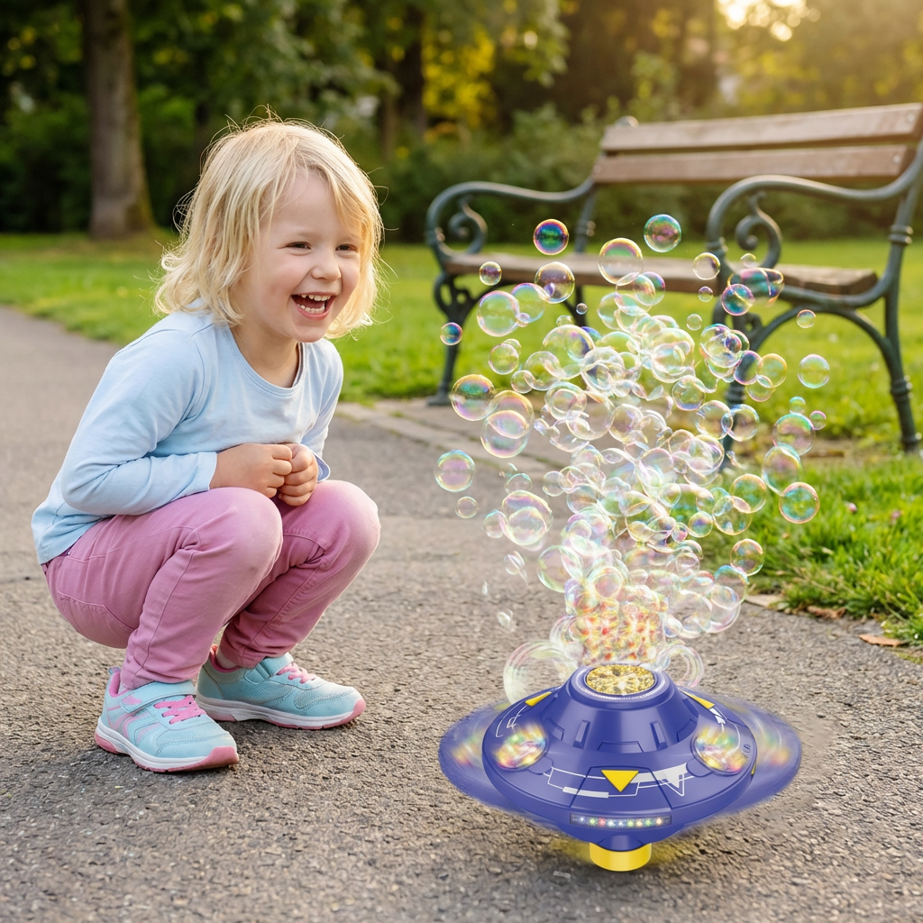 Leuchtende UFO-Seifenblasenmaschine für Kinder – Wiederaufladbarer Blasen Kreisel mit Lichteffekten