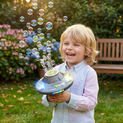 Leuchtende UFO-Seifenblasenmaschine für Kinder – Wiederaufladbarer Blasen Kreisel mit Lichteffekten