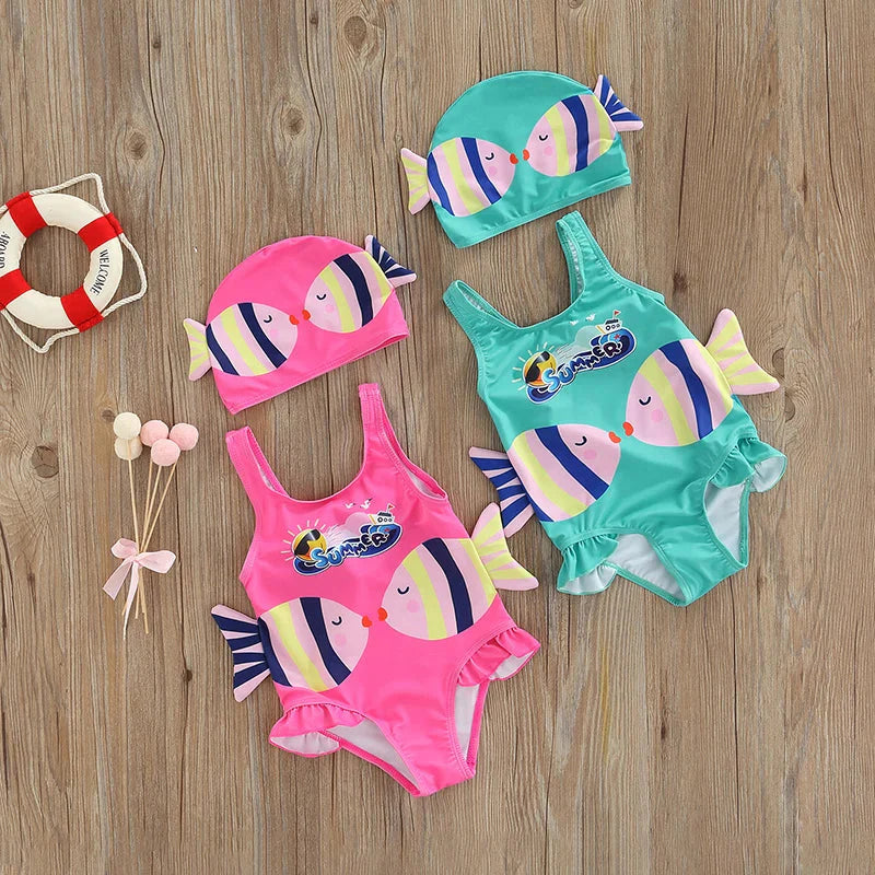 Mädchen-Badeanzug mit Fisch-Design – Zweiteiliges Set mit Badekappe