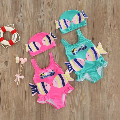 Mädchen-Badeanzug mit Fisch-Design – Zweiteiliges Set mit Badekappe