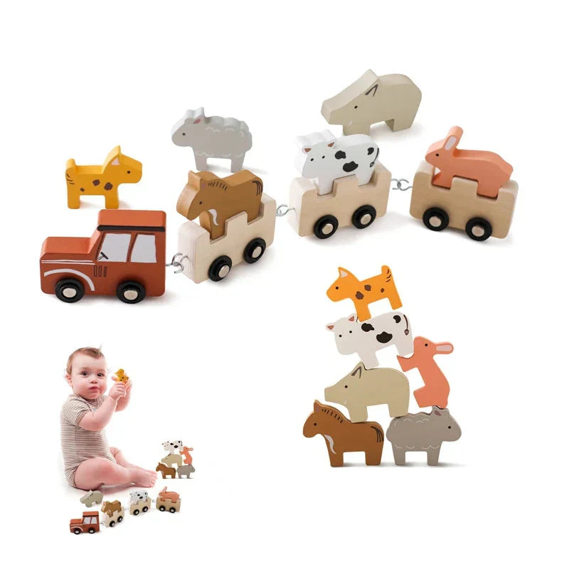 Bauernhof-Tierzug aus Holz – Spielzeug mit flexiblen Rädern für Kinder