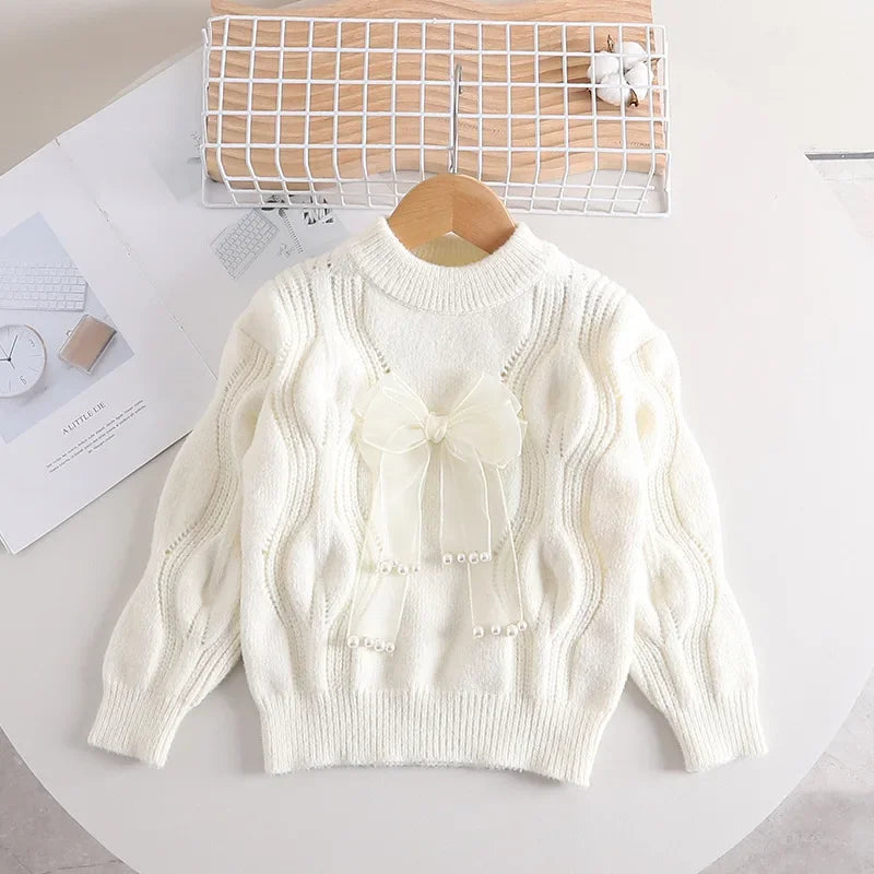 Mädchen-Pullover mit Schleife und Perlen – Warm und Stylisch