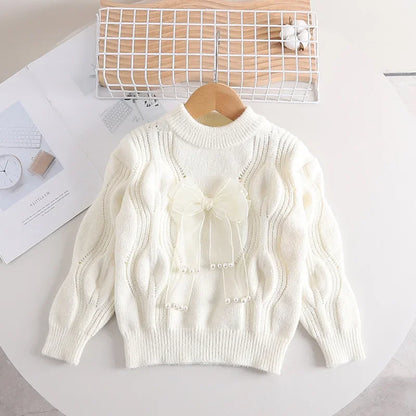 Mädchen-Pullover mit Schleife und Perlen – Warm und Stylisch
