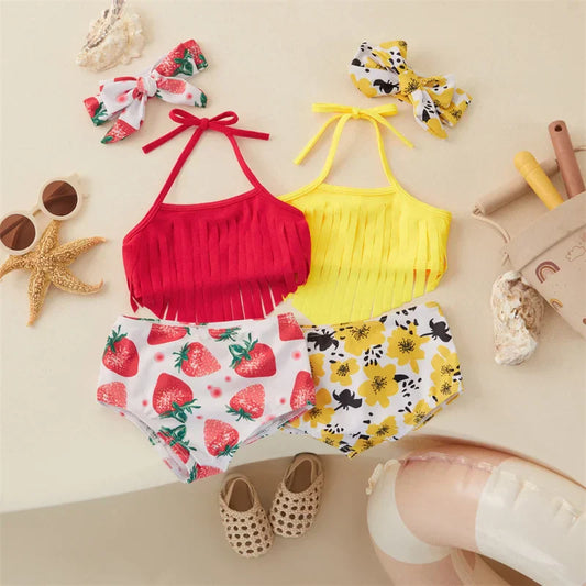 Mädchen-Bikini Set mit Haarband – Bunte Streifen und Obst-Design