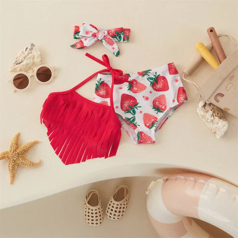 Mädchen-Bikini Set mit Haarband – Bunte Streifen und Obst-Design