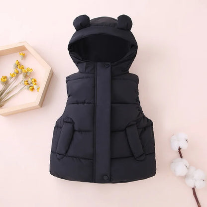 Warm & Trendy – Weste mit Kapuze für Kinder – Steppweste mit Bärenohren in Pastellfarben und Dunkelblau
