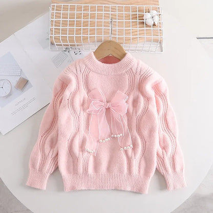Mädchen-Pullover mit Schleife und Perlen – Warm und Stylisch