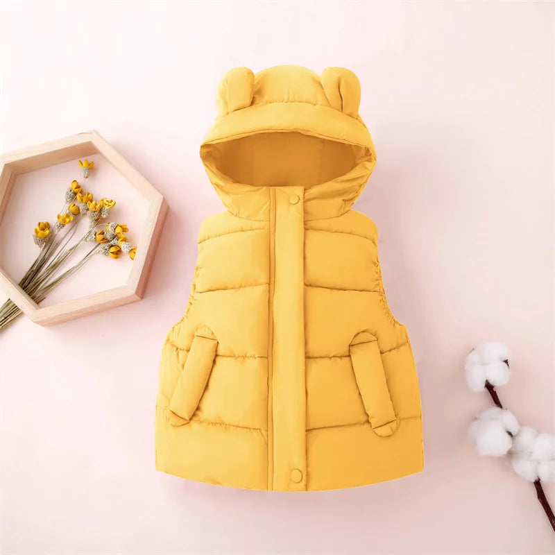 Warm & Trendy – Weste mit Kapuze für Kinder – Steppweste mit Bärenohren in Pastellfarben und Dunkelblau