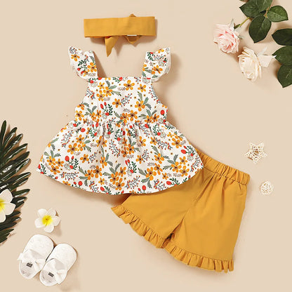 Sommer-Set für Mädchen – 3-teiliges Outfit mit Blumenmuster, Schleife und Haarband
