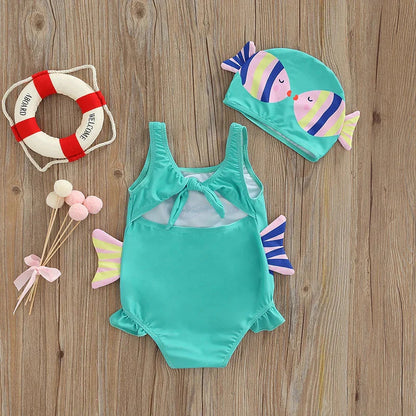 Mädchen-Badeanzug mit Fisch-Design – Zweiteiliges Set mit Badekappe