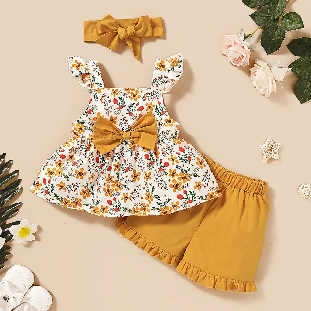 Sommer-Set für Mädchen – 3-teiliges Outfit mit Blumenmuster, Schleife und Haarband
