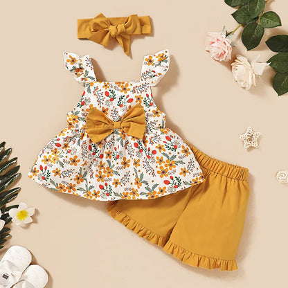 Sommer-Set für Mädchen – 3-teiliges Outfit mit Blumenmuster, Schleife und Haarband