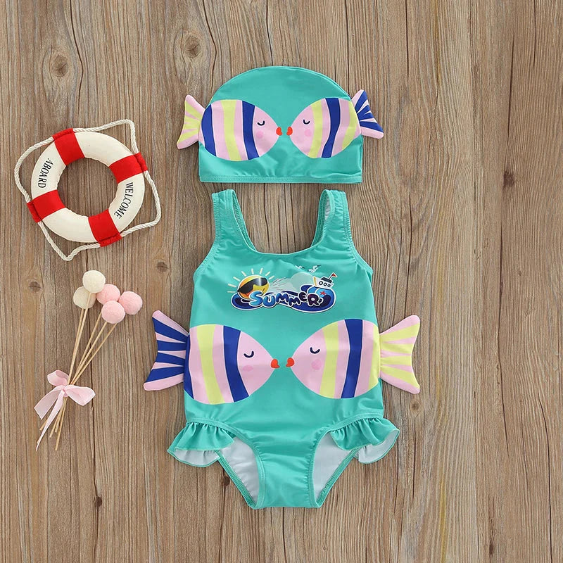 Mädchen-Badeanzug mit Fisch-Design – Zweiteiliges Set mit Badekappe