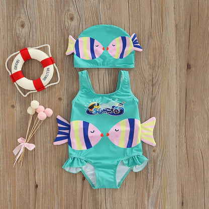 Mädchen-Badeanzug mit Fisch-Design – Zweiteiliges Set mit Badekappe
