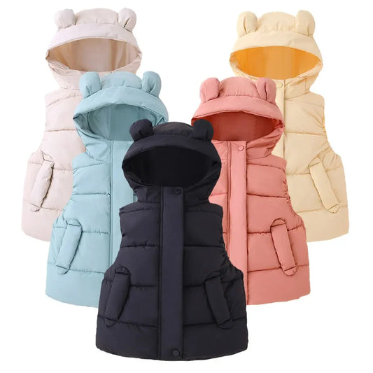 Warm & Trendy – Weste mit Kapuze für Kinder – Steppweste mit Bärenohren in Pastellfarben und Dunkelblau