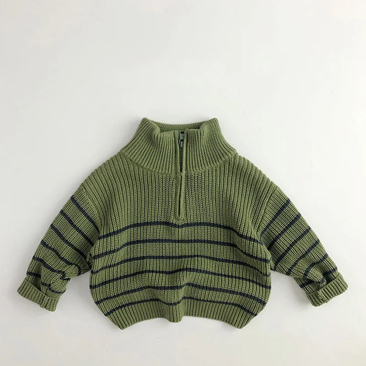 Einfacher Reißverschluss – Gestreifter Kinder-Pullover mit Zipper & Stehkragen