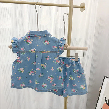 Sommer-Set für Mädchen – Jeanslook mit Blumenmuster und Rüschenärmeln