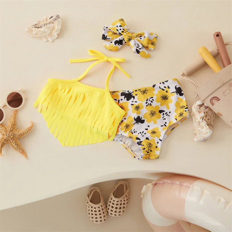 Mädchen-Bikini Set mit Haarband – Bunte Streifen und Obst-Design