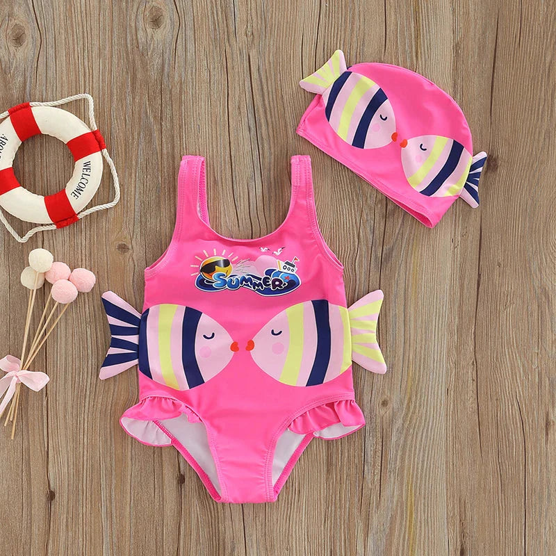 Mädchen-Badeanzug mit Fisch-Design – Zweiteiliges Set mit Badekappe