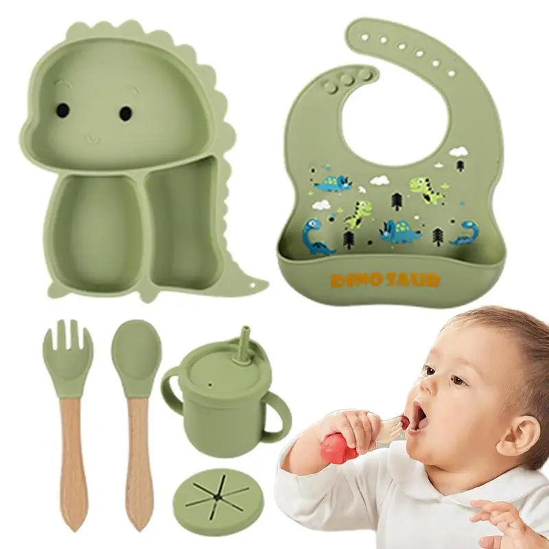 Dino- Design Silikon- Geschirrset – 7- Teiliges Kinder- Essensset
