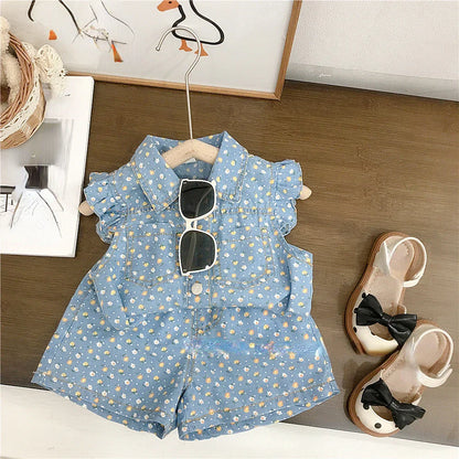 Sommer-Set für Mädchen – Jeanslook mit Blumenmuster und Rüschenärmeln