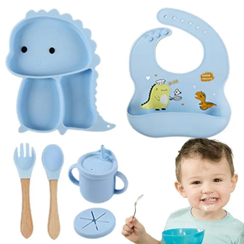Dino- Design Silikon- Geschirrset – 7- Teiliges Kinder- Essensset
