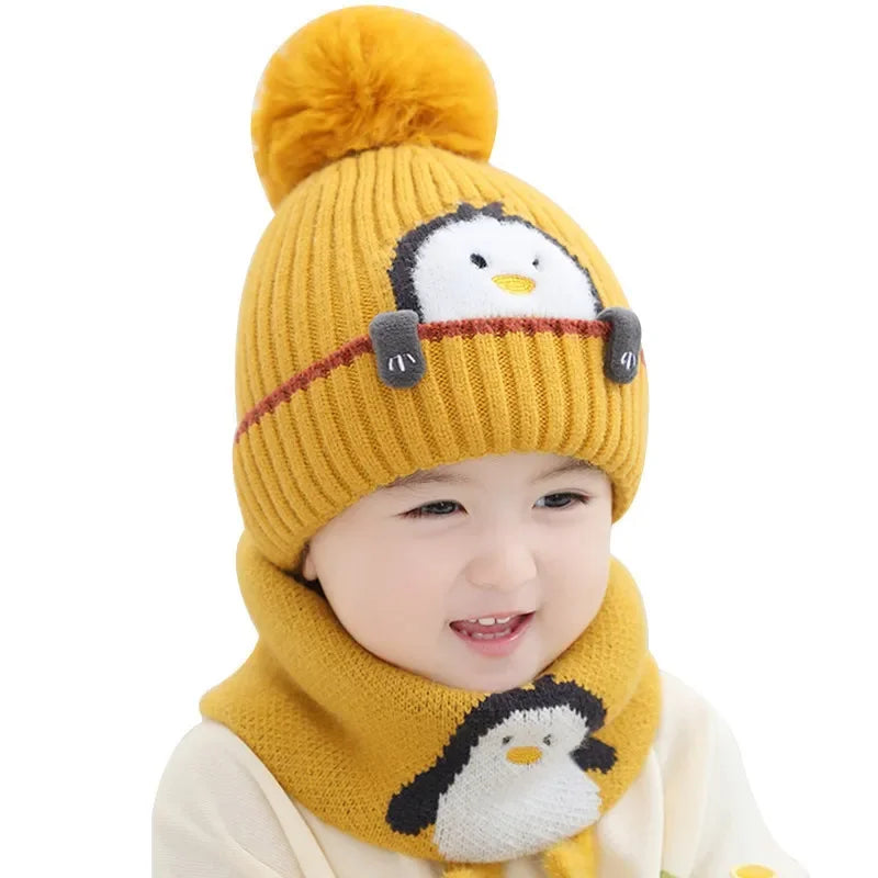 Warmer Pinguin-Look – Strickmütze & Schal-Set für Kinder