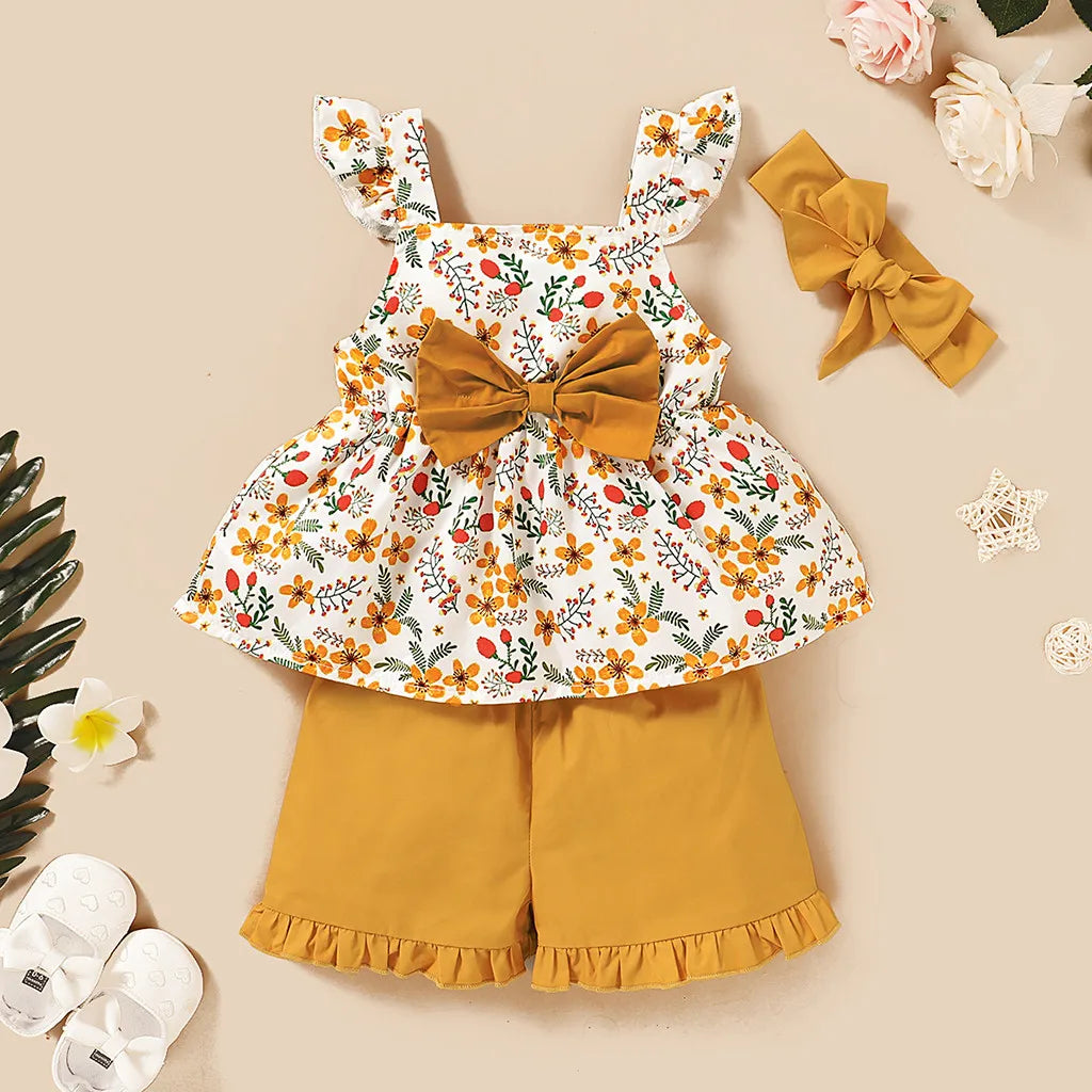 Sommer-Set für Mädchen – 3-teiliges Outfit mit Blumenmuster, Schleife und Haarband