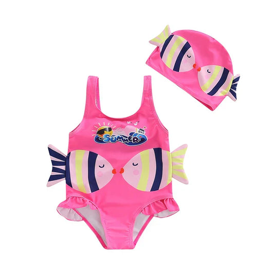 Mädchen-Badeanzug mit Fisch-Design – Zweiteiliges Set mit Badekappe