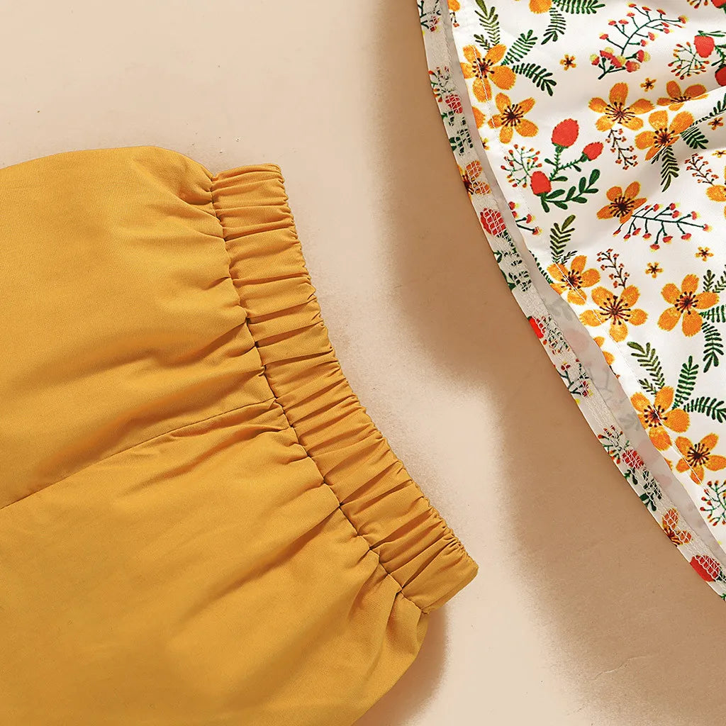 Sommer-Set für Mädchen – 3-teiliges Outfit mit Blumenmuster, Schleife und Haarband