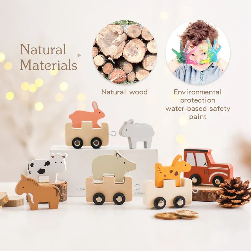 Bauernhof-Tierzug aus Holz – Spielzeug mit flexiblen Rädern für Kinder