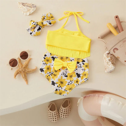 Mädchen-Bikini Set mit Haarband – Bunte Streifen und Obst-Design