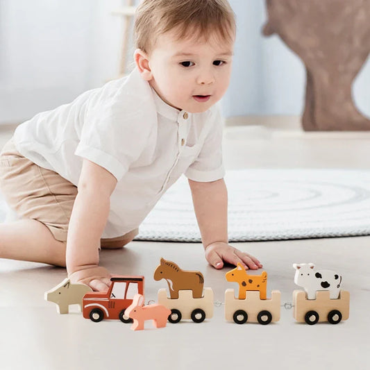 Bauernhof-Tierzug aus Holz – Spielzeug mit flexiblen Rädern für Kinder