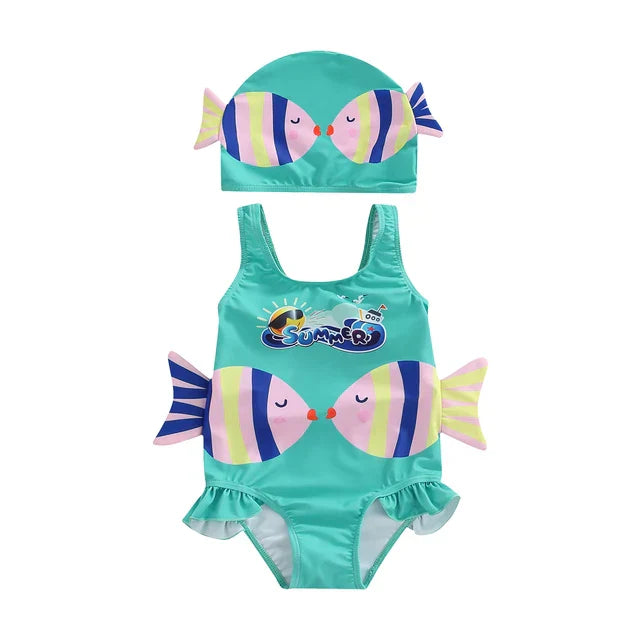 Mädchen-Badeanzug mit Fisch-Design – Zweiteiliges Set mit Badekappe