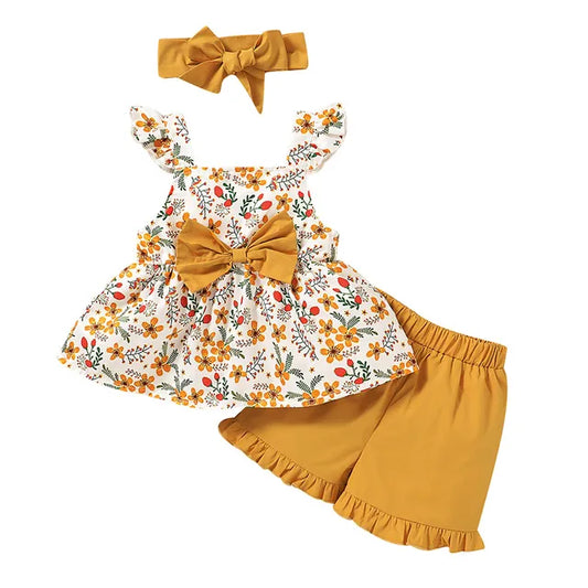 Sommer-Set für Mädchen – 3-teiliges Outfit mit Blumenmuster, Schleife und Haarband