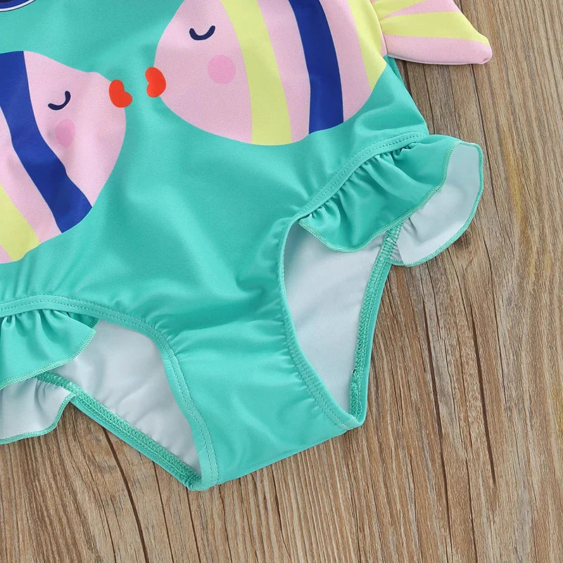Mädchen-Badeanzug mit Fisch-Design – Zweiteiliges Set mit Badekappe