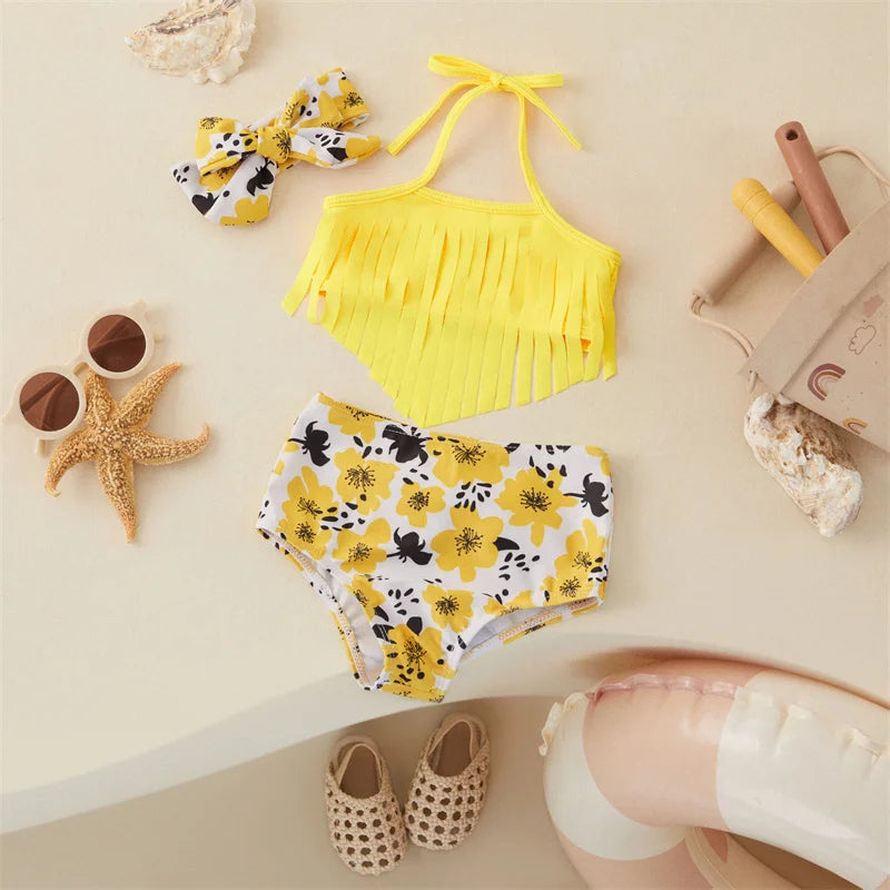 Mädchen-Bikini Set mit Haarband – Bunte Streifen und Obst-Design