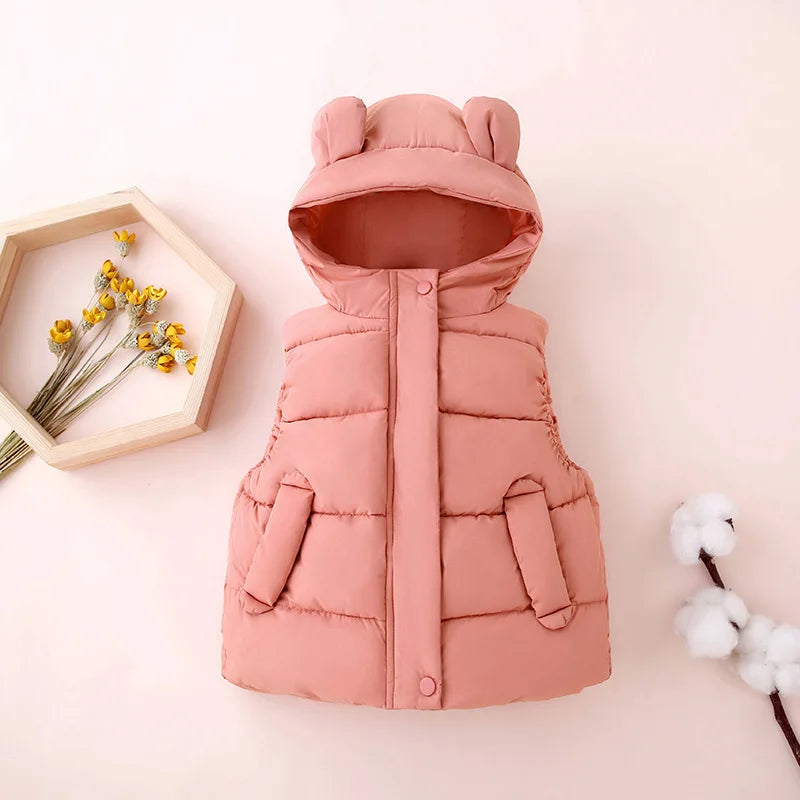 Warm & Trendy – Weste mit Kapuze für Kinder – Steppweste mit Bärenohren in Pastellfarben und Dunkelblau