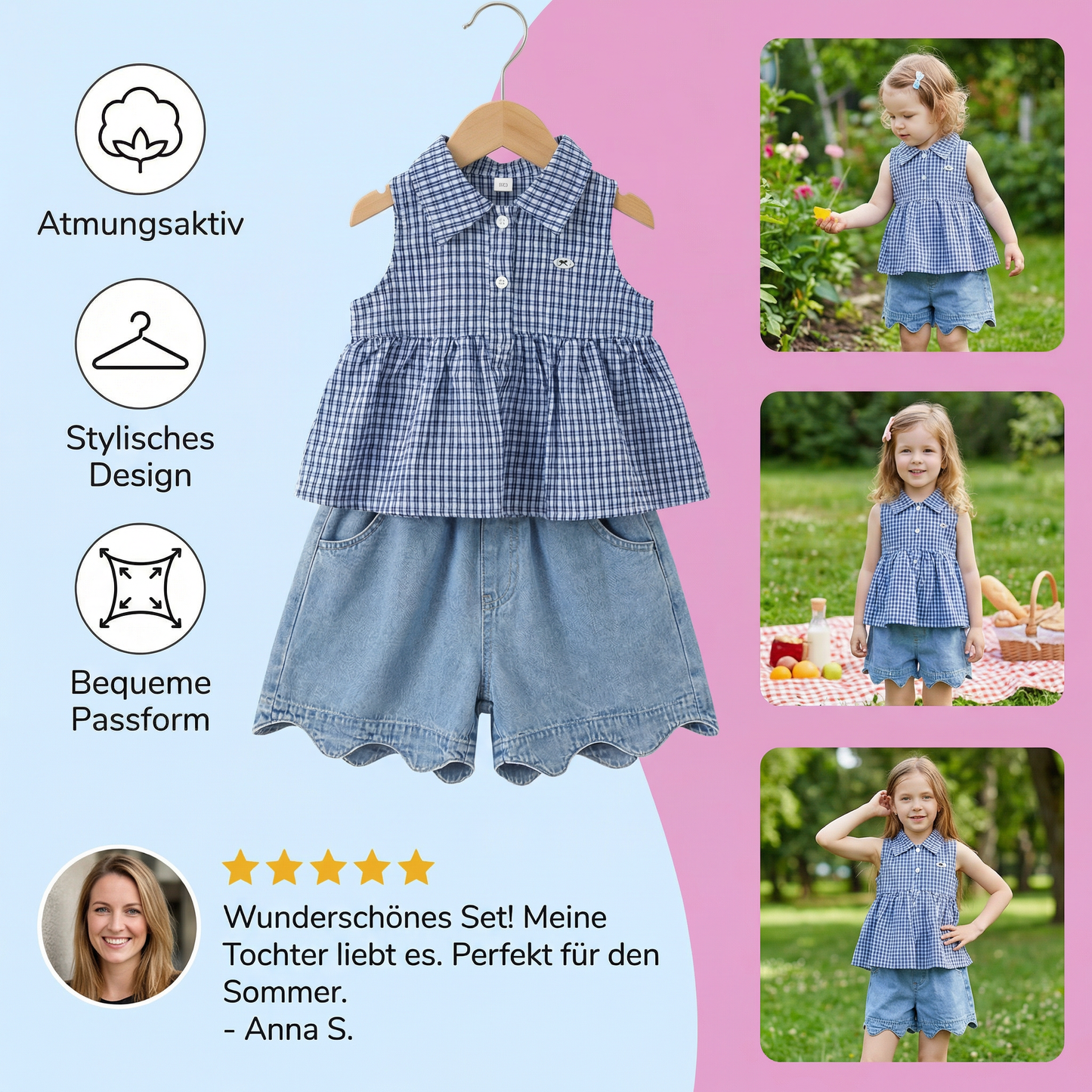 Frühlings- & Sommerliches 2-teiliges Mädchen-Set – Kariertes Top aus Baumwollmix mit vielseitiger Jeanshose
