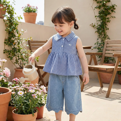 Frühlings- & Sommerliches 2-teiliges Mädchen-Set – Kariertes Top aus Baumwollmix mit vielseitiger Jeanshose
