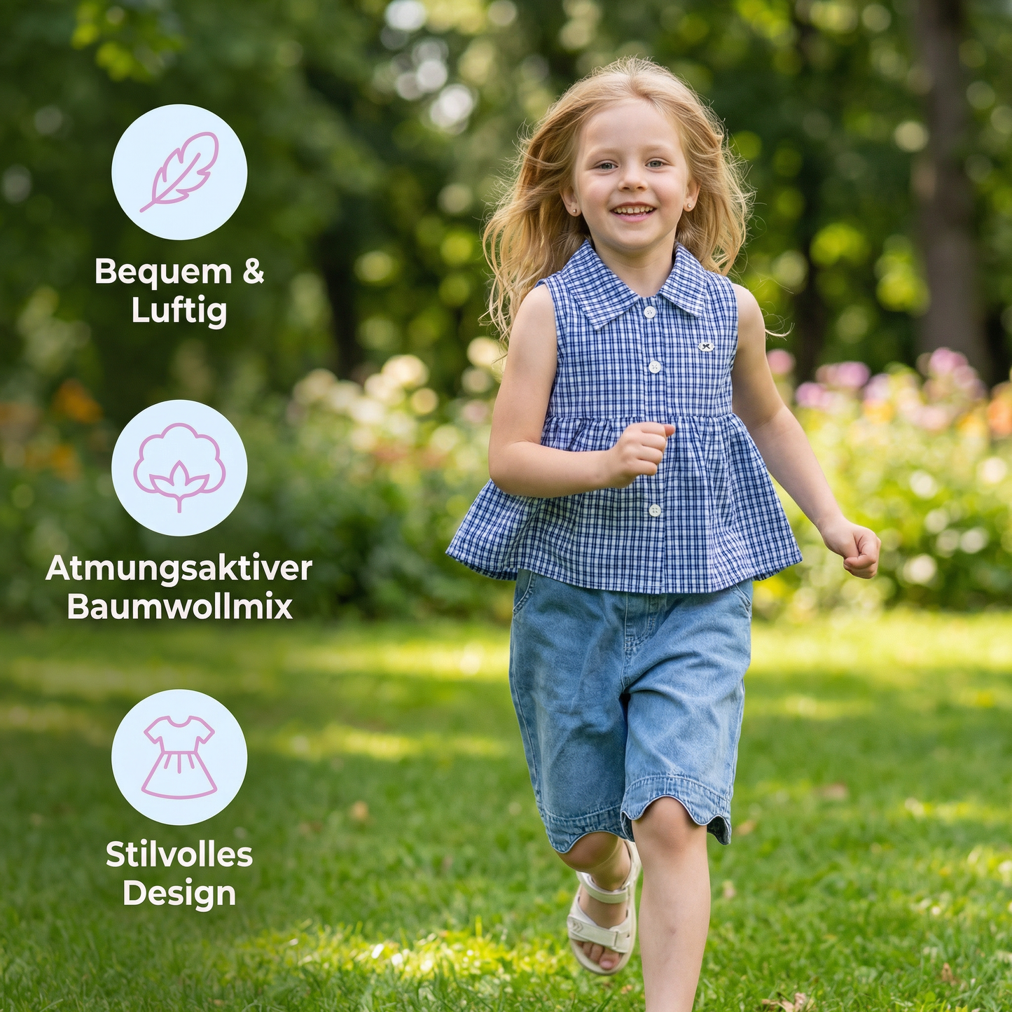 Frühlings- & Sommerliches 2-teiliges Mädchen-Set – Kariertes Top aus Baumwollmix mit vielseitiger Jeanshose