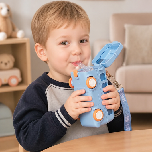 Kinder Trinkflasche im Bus Design mit Strohhalm und Verstellbarem Trageband