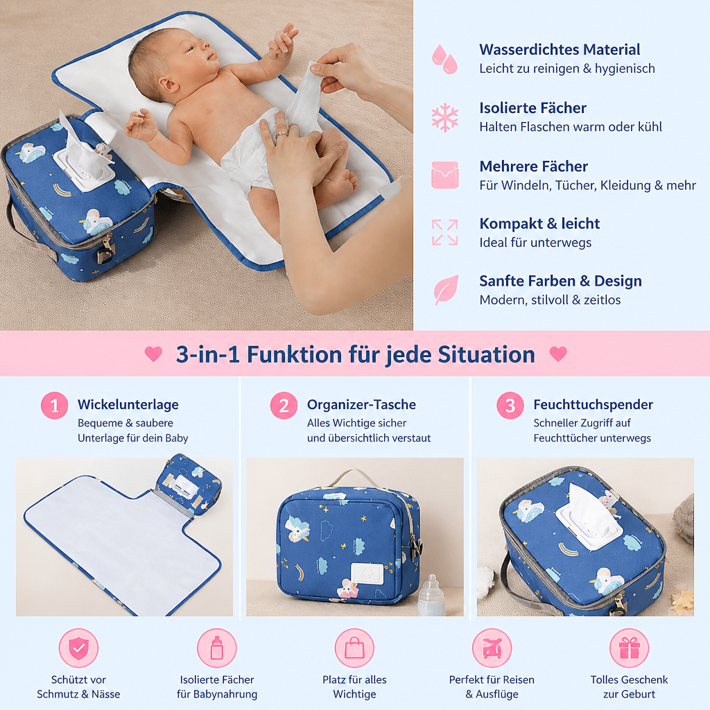 3-in-1 Kinderwagen-Organizer – Wasserdichte Wickeltasche mit isolierten Fächern
