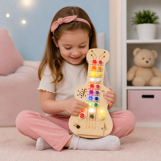 Holz-Busy-Board mit Licht und Sound in Gitarrenform