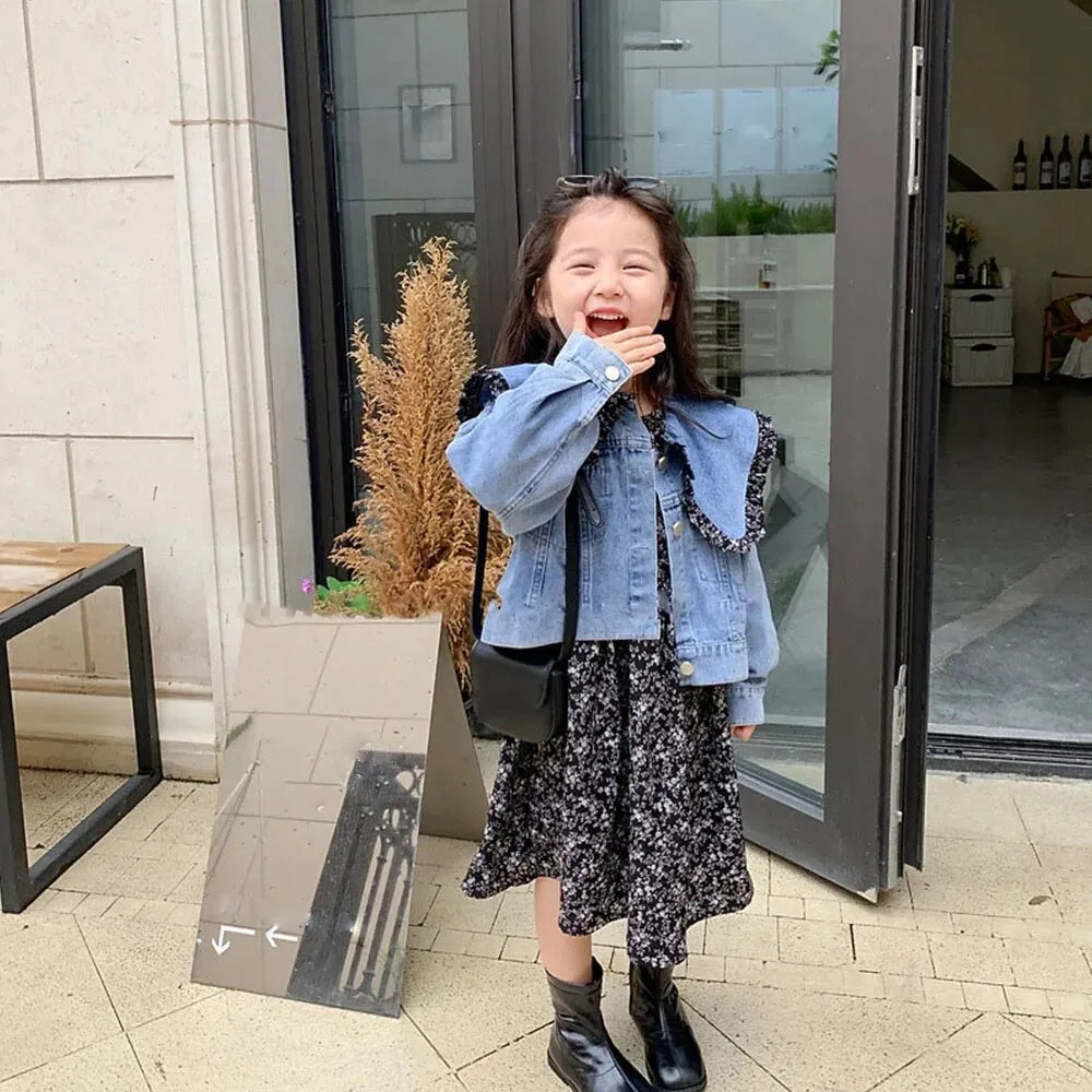 Mädchen Denim Jacke Mit Blumenkleid – Süßes Set Für Kinder Mit Rüschenkragen
