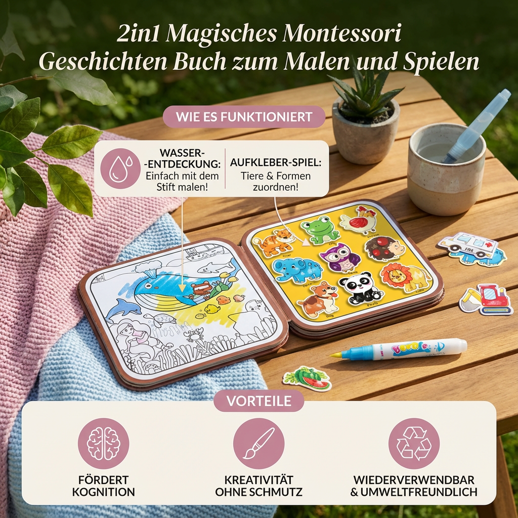 2in1 Magisches Montessori Geschichten Buch zum Malen und Spielen