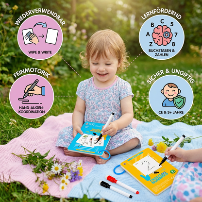 Wiederverwendbares Zahlen und Buchstaben Trainingsbuch für Kinder