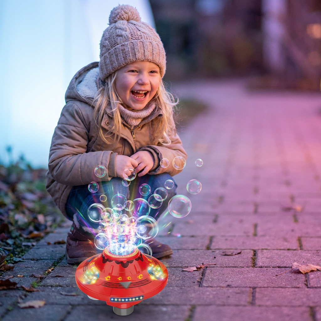 Leuchtende UFO-Seifenblasenmaschine für Kinder – Wiederaufladbarer Blasen Kreisel mit Lichteffekten