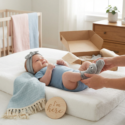 Baby Pflege Geschenkbox – Handtuch, Socken oder Haarband & Badebürste für Neugeborene