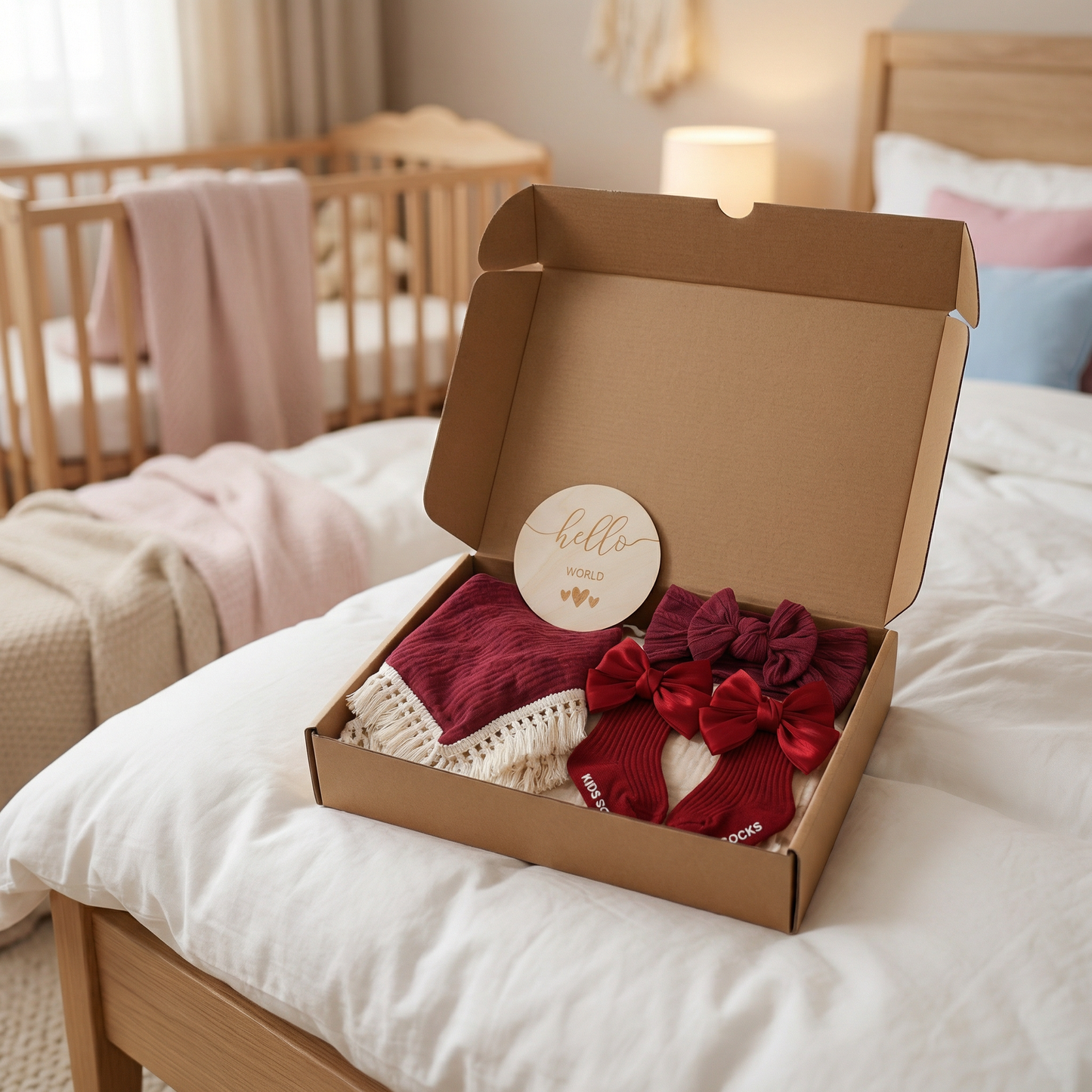 Baby Pflege Geschenkbox – Handtuch, Socken oder Haarband & Badebürste für Neugeborene